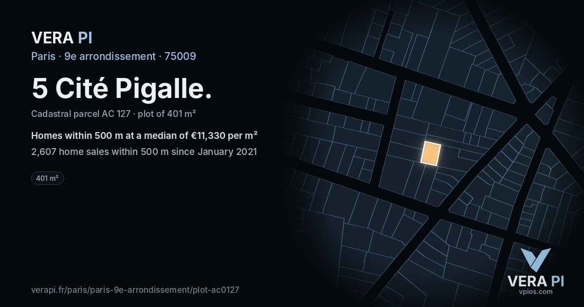5 Cité Pigalle, 9e arrondissement at night – the plot lit, the parcels around coloured by the prices near them