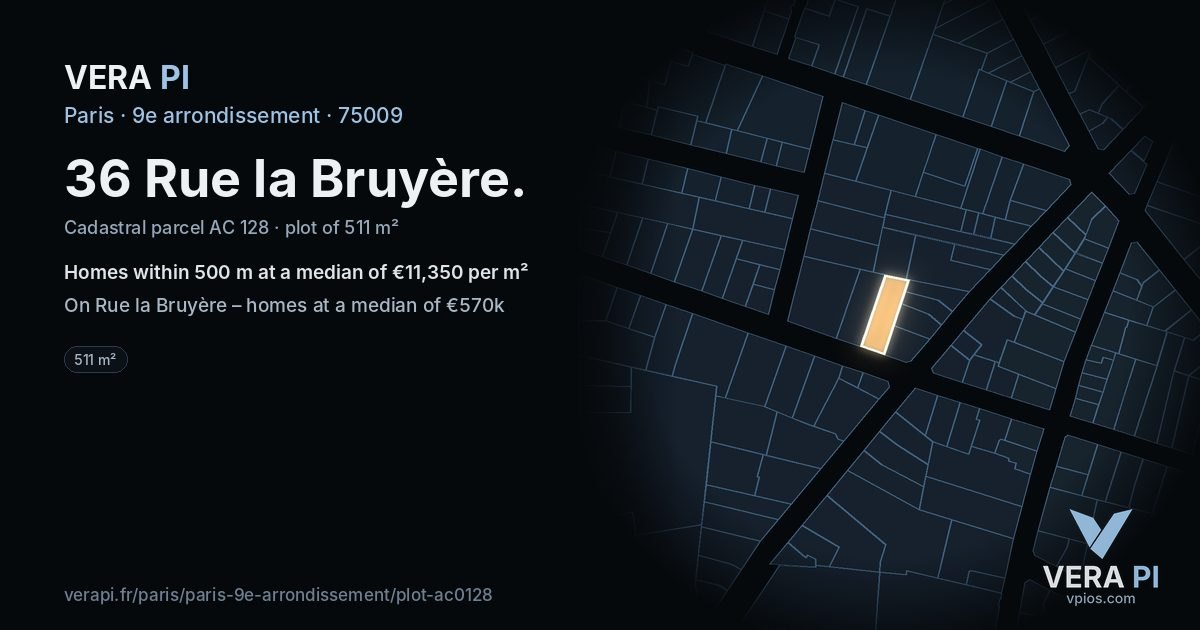 36 Rue la Bruyère, 9e arrondissement at night – the plot lit, the parcels around coloured by the prices near them
