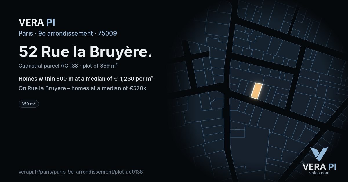 52 Rue la Bruyère, 9e arrondissement at night – the plot lit, the parcels around coloured by the prices near them