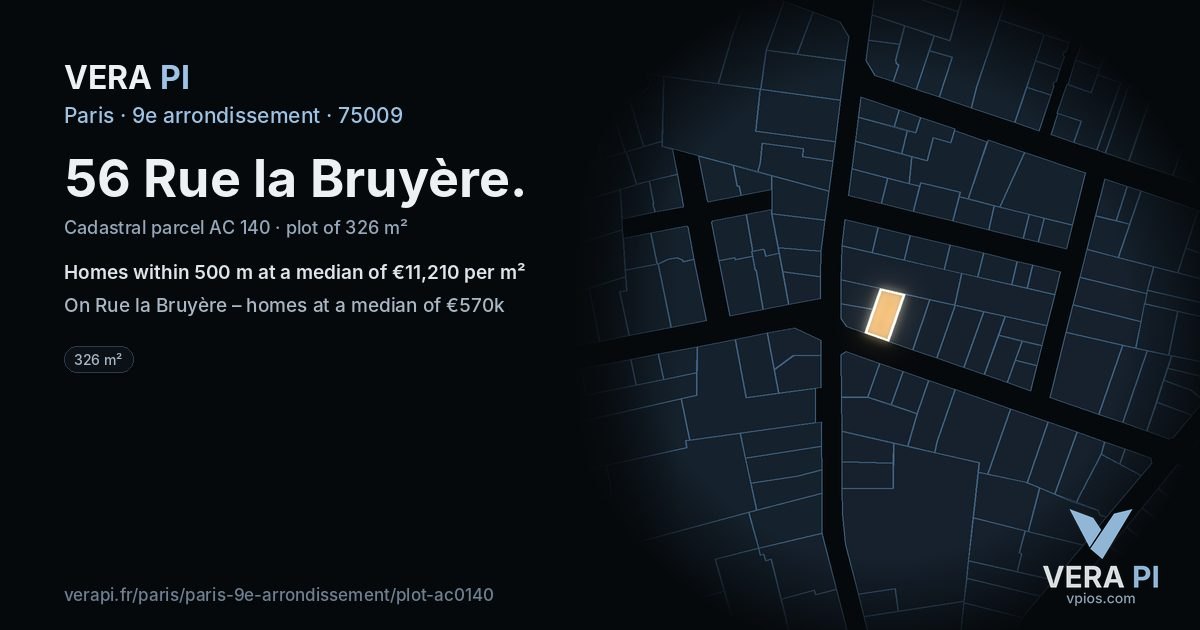 56 Rue la Bruyère, 9e arrondissement at night – the plot lit, the parcels around coloured by the prices near them