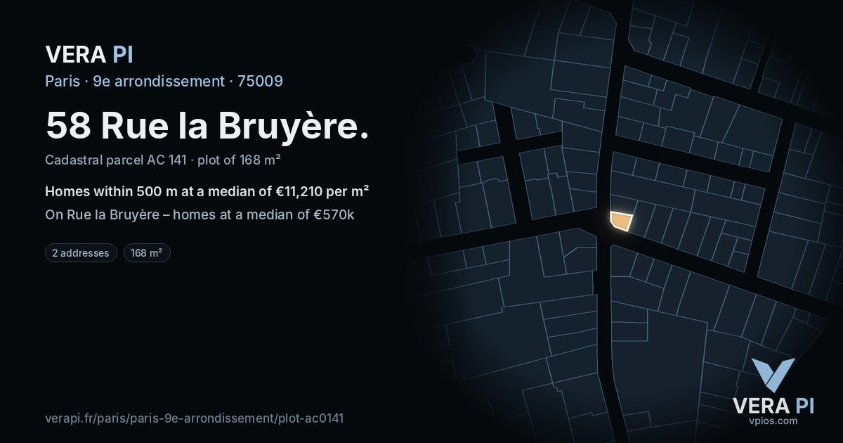 58 Rue la Bruyère, 9e arrondissement at night – the plot lit, the parcels around coloured by the prices near them