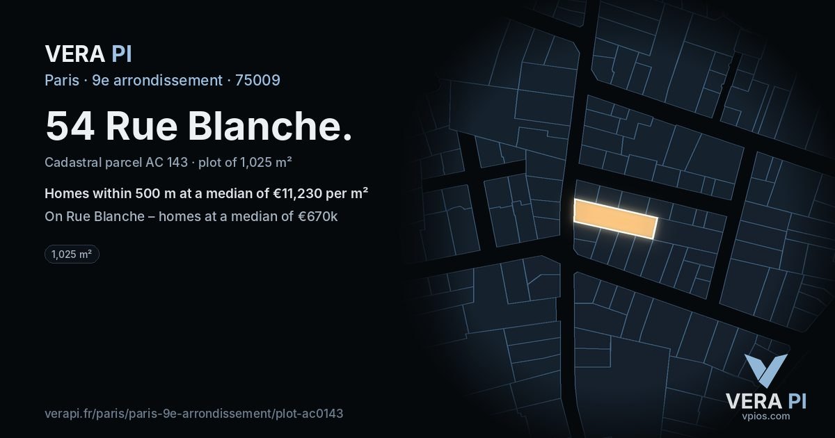 54 Rue Blanche, 9e arrondissement at night – the plot lit, the parcels around coloured by the prices near them