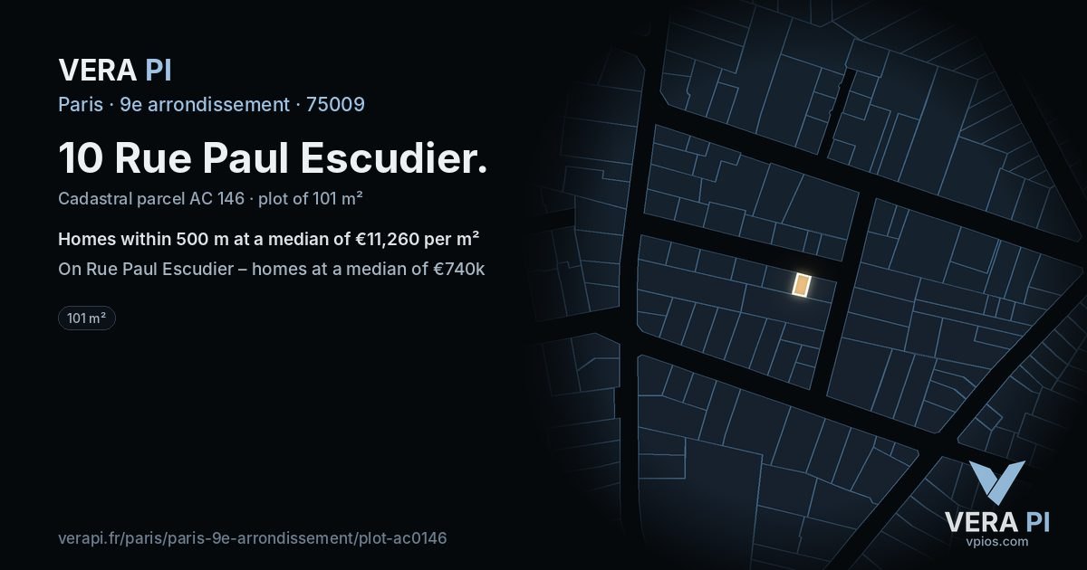 10 Rue Paul Escudier, 9e arrondissement at night – the plot lit, the parcels around coloured by the prices near them