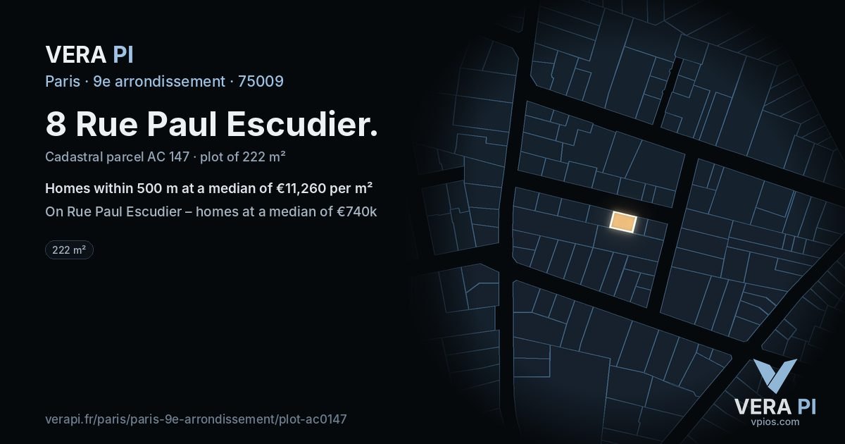 8 Rue Paul Escudier, 9e arrondissement at night – the plot lit, the parcels around coloured by the prices near them