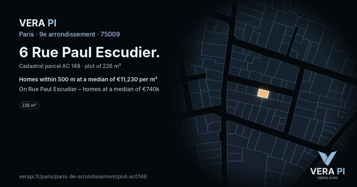 6 Rue Paul Escudier, 9e arrondissement at night – the plot lit, the parcels around coloured by the prices near them
