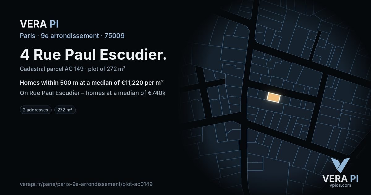 4 Rue Paul Escudier, 9e arrondissement at night – the plot lit, the parcels around coloured by the prices near them