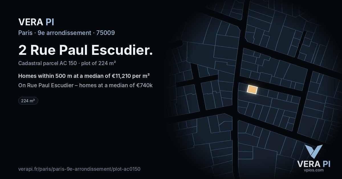 2 Rue Paul Escudier, 9e arrondissement at night – the plot lit, the parcels around coloured by the prices near them