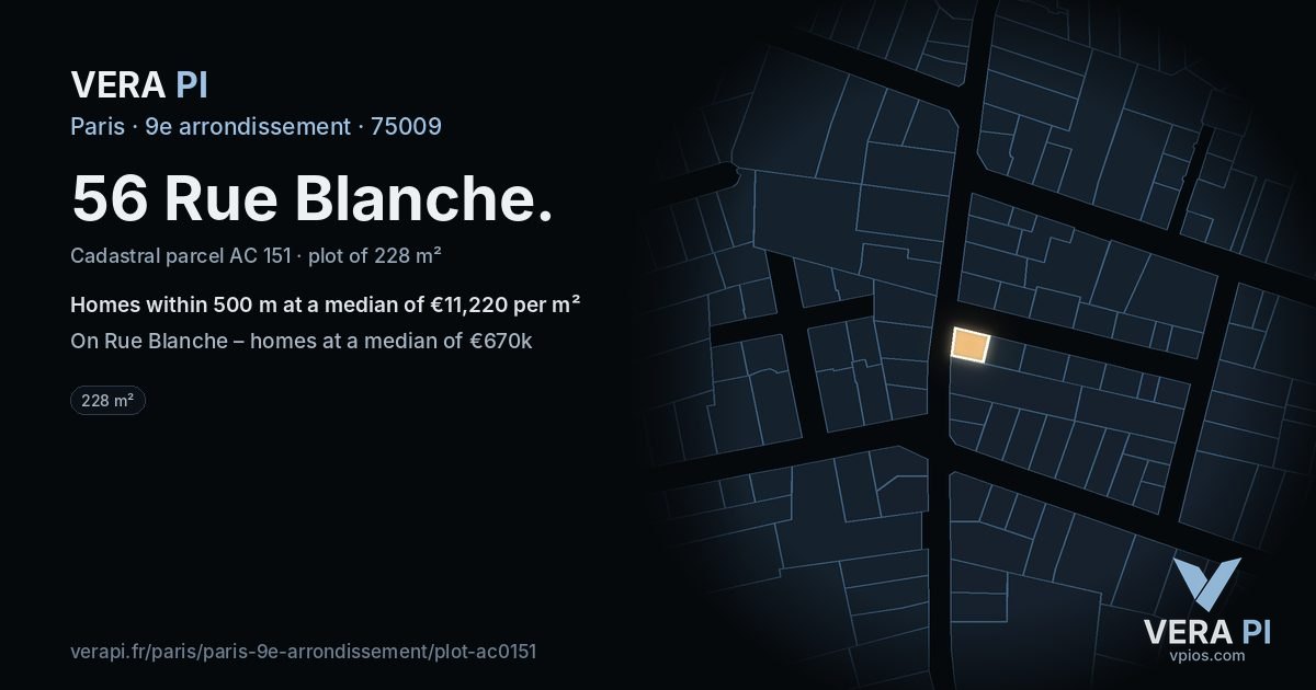 56 Rue Blanche, 9e arrondissement at night – the plot lit, the parcels around coloured by the prices near them
