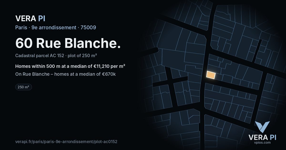 60 Rue Blanche, 9e arrondissement at night – the plot lit, the parcels around coloured by the prices near them