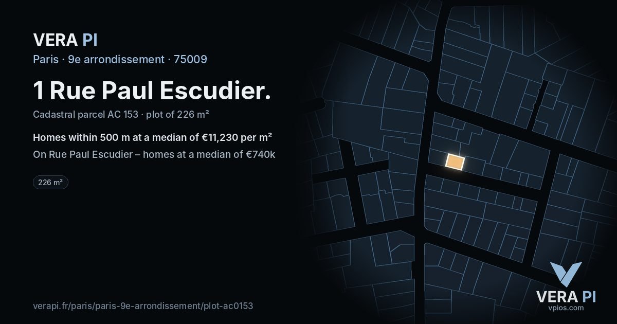 1 Rue Paul Escudier, 9e arrondissement at night – the plot lit, the parcels around coloured by the prices near them