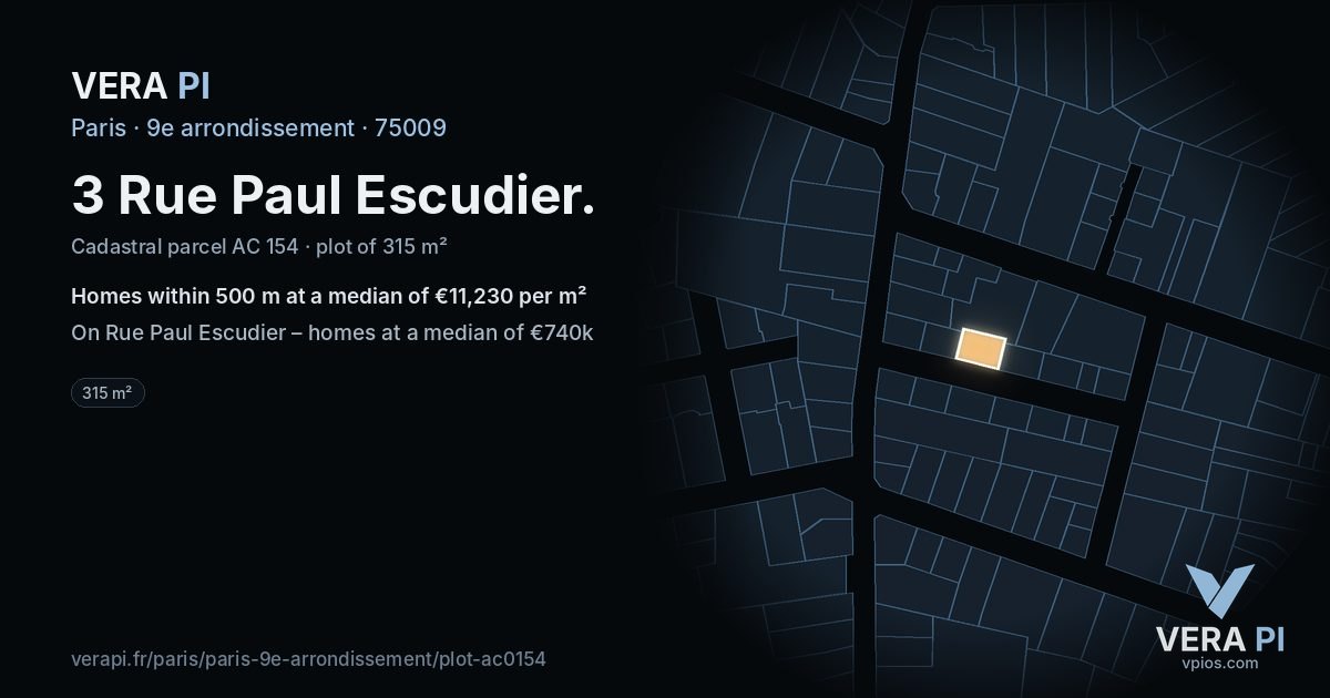 3 Rue Paul Escudier, 9e arrondissement at night – the plot lit, the parcels around coloured by the prices near them