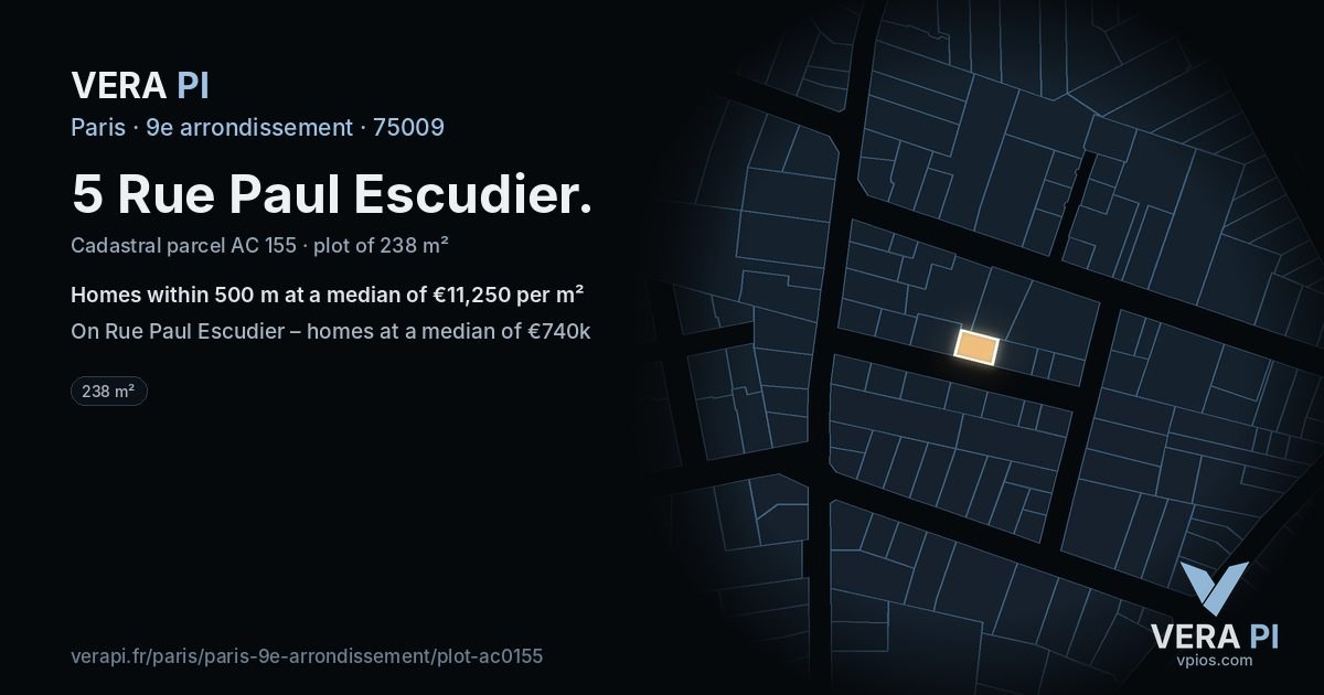 5 Rue Paul Escudier, 9e arrondissement at night – the plot lit, the parcels around coloured by the prices near them