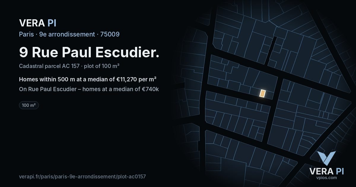 9 Rue Paul Escudier, 9e arrondissement at night – the plot lit, the parcels around coloured by the prices near them