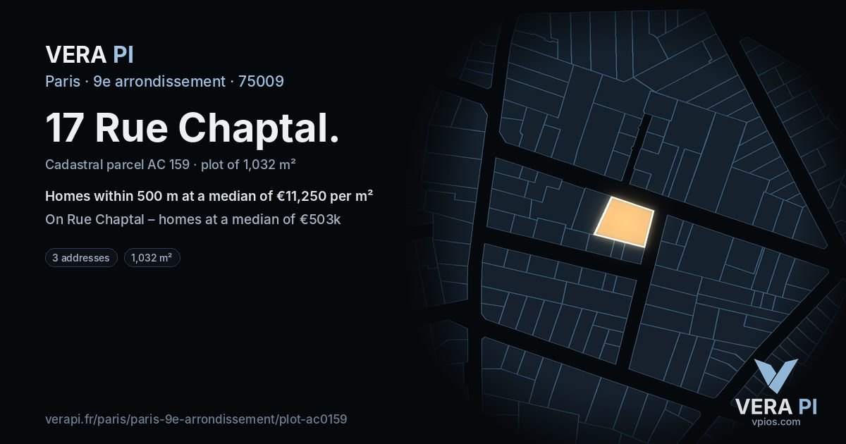 17 Rue Chaptal, 9e arrondissement at night – the plot lit, the parcels around coloured by the prices near them