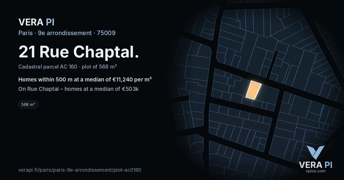 21 Rue Chaptal, 9e arrondissement at night – the plot lit, the parcels around coloured by the prices near them