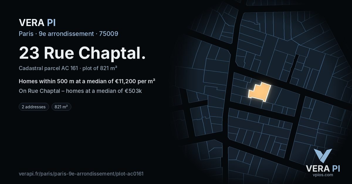 23 Rue Chaptal, 9e arrondissement at night – the plot lit, the parcels around coloured by the prices near them