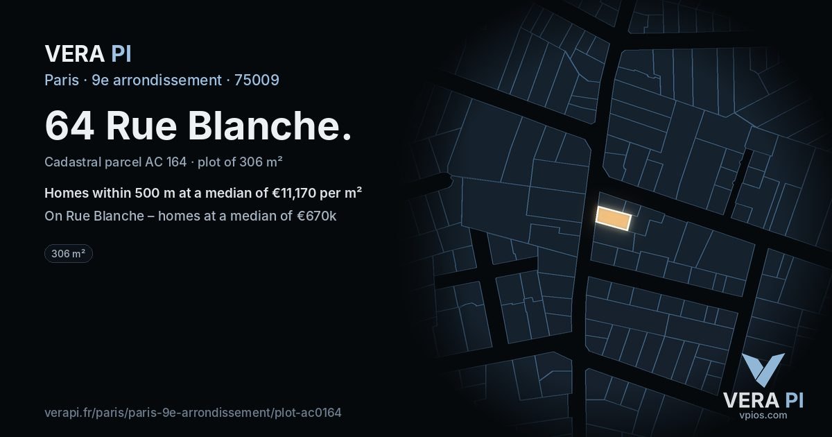 64 Rue Blanche, 9e arrondissement at night – the plot lit, the parcels around coloured by the prices near them
