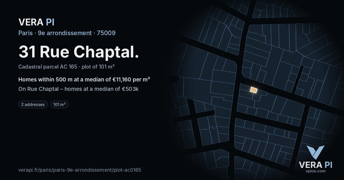 31 Rue Chaptal, 9e arrondissement at night – the plot lit, the parcels around coloured by the prices near them