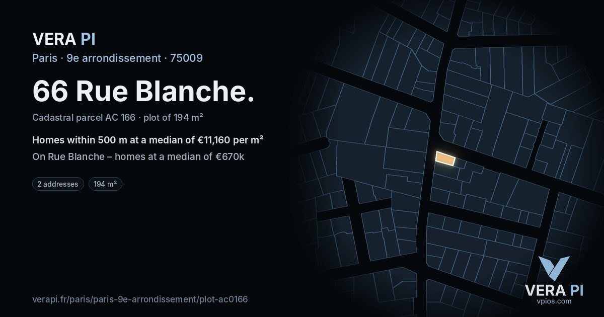 66 Rue Blanche, 9e arrondissement at night – the plot lit, the parcels around coloured by the prices near them