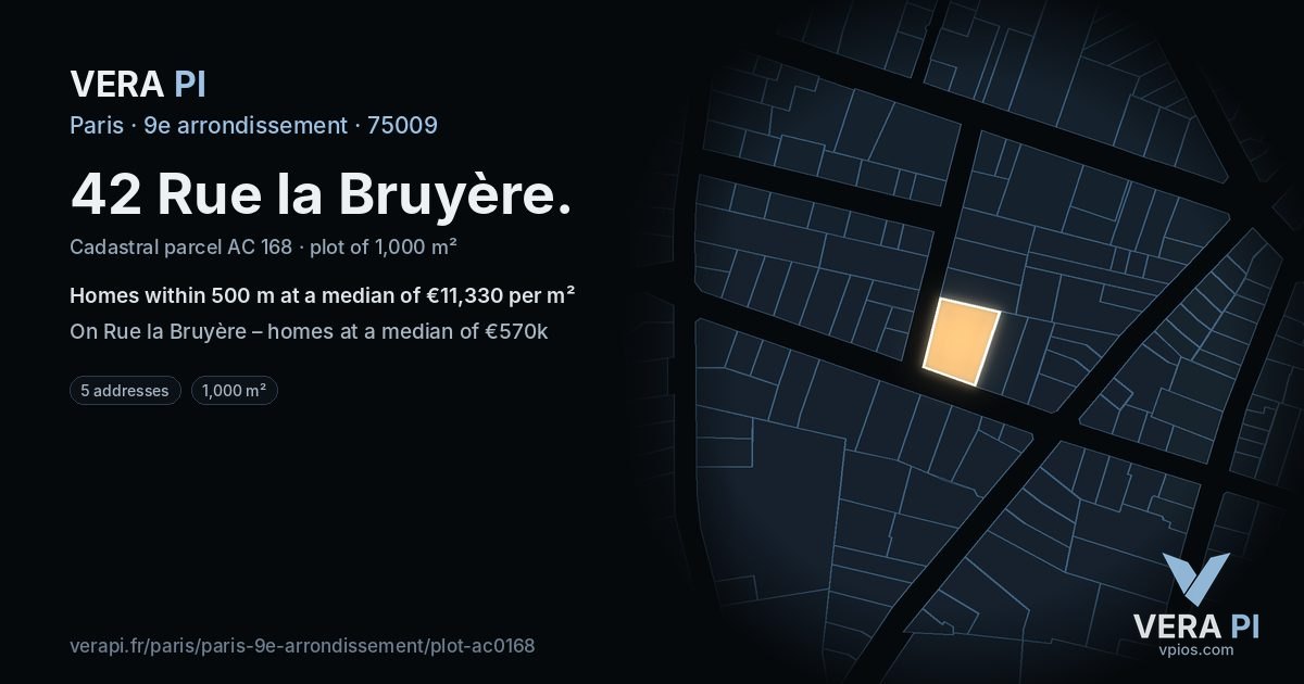 42 Rue la Bruyère, 9e arrondissement at night – the plot lit, the parcels around coloured by the prices near them