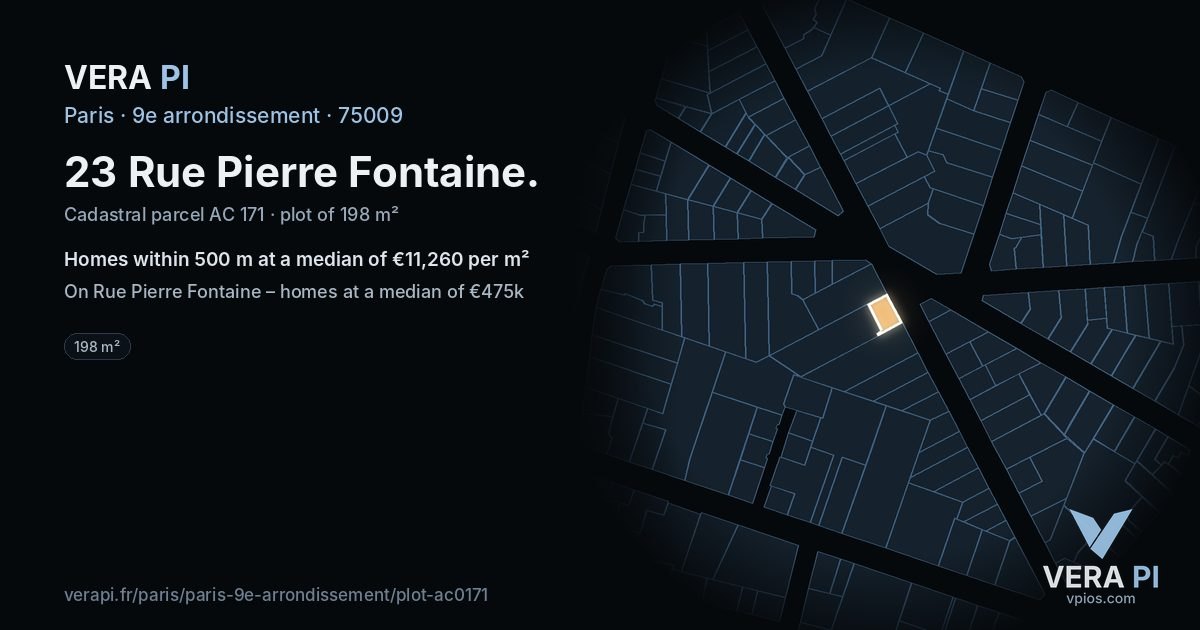 23 Rue Pierre Fontaine, 9e arrondissement at night – the plot lit, the parcels around coloured by the prices near them