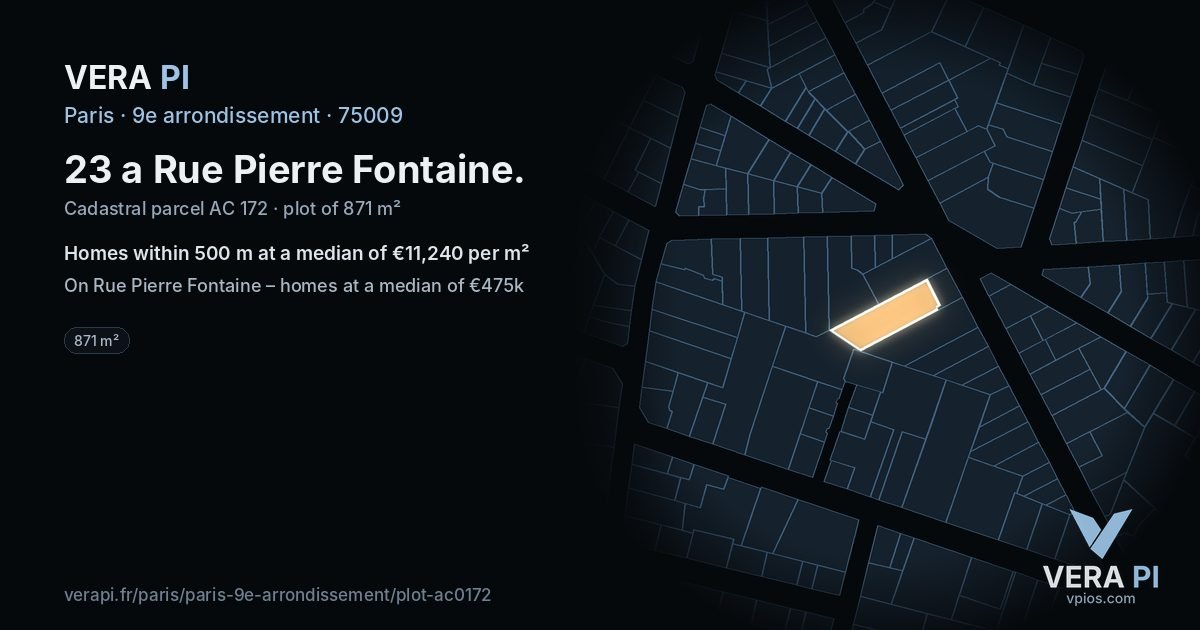 23 a Rue Pierre Fontaine, 9e arrondissement at night – the plot lit, the parcels around coloured by the prices near them