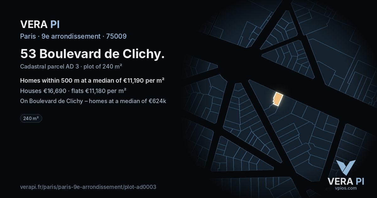 53 Boulevard de Clichy, 9e arrondissement at night – the plot lit, the parcels around coloured by the prices near them