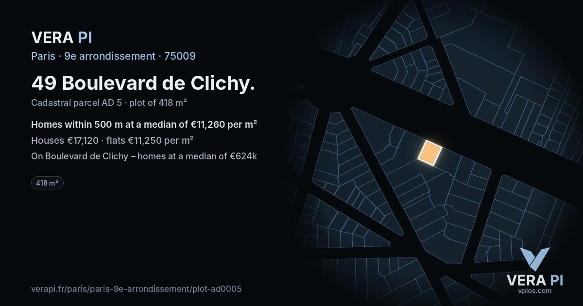 49 Boulevard de Clichy, 9e arrondissement at night – the plot lit, the parcels around coloured by the prices near them