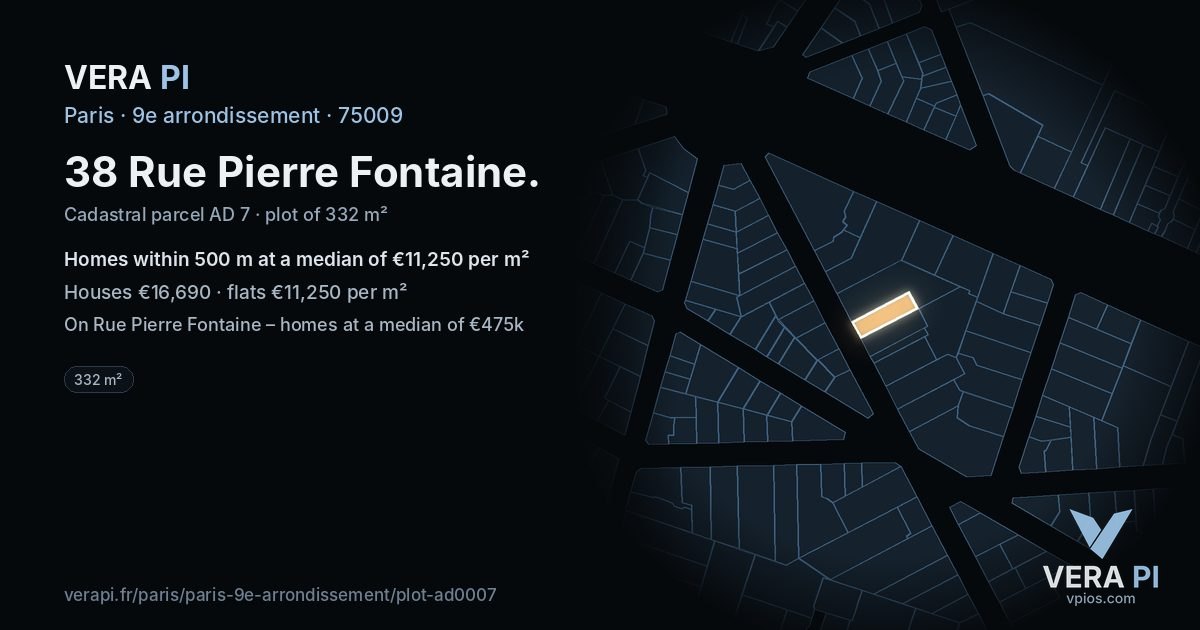 38 Rue Pierre Fontaine, 9e arrondissement at night – the plot lit, the parcels around coloured by the prices near them