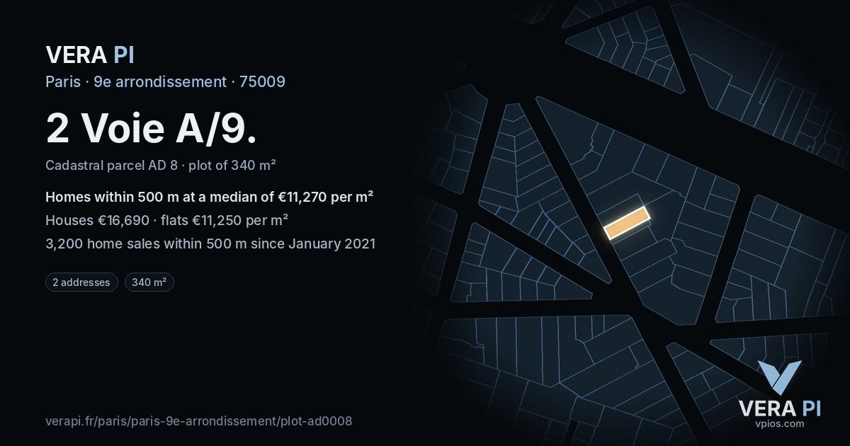 2 Voie A/9, 9e arrondissement at night – the plot lit, the parcels around coloured by the prices near them