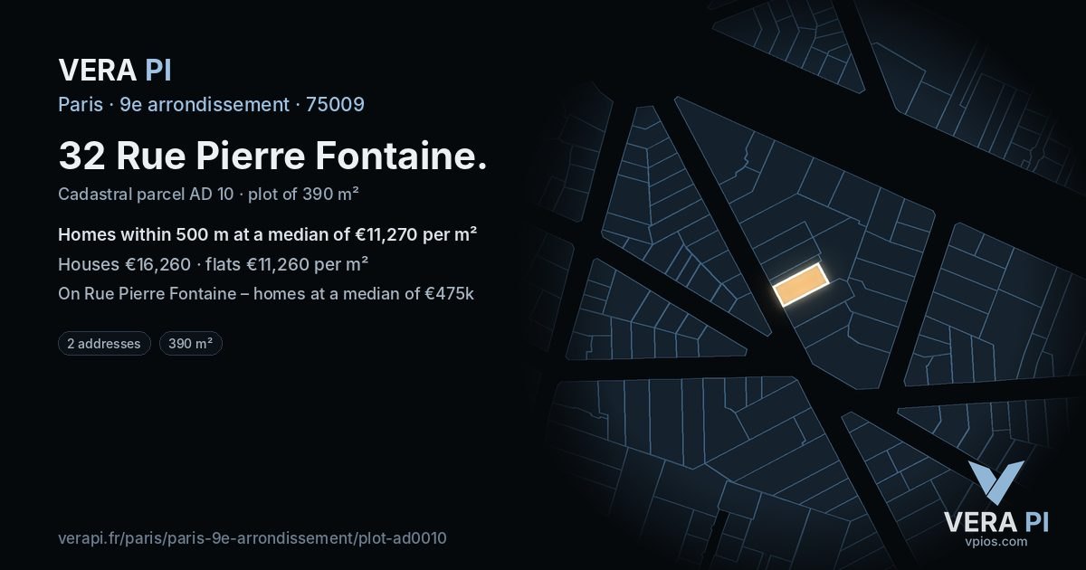 32 Rue Pierre Fontaine, 9e arrondissement at night – the plot lit, the parcels around coloured by the prices near them