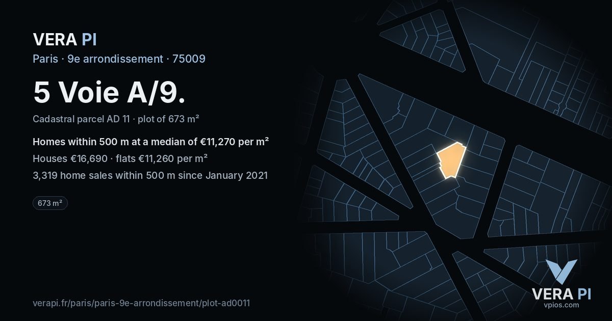 5 Voie A/9, 9e arrondissement at night – the plot lit, the parcels around coloured by the prices near them
