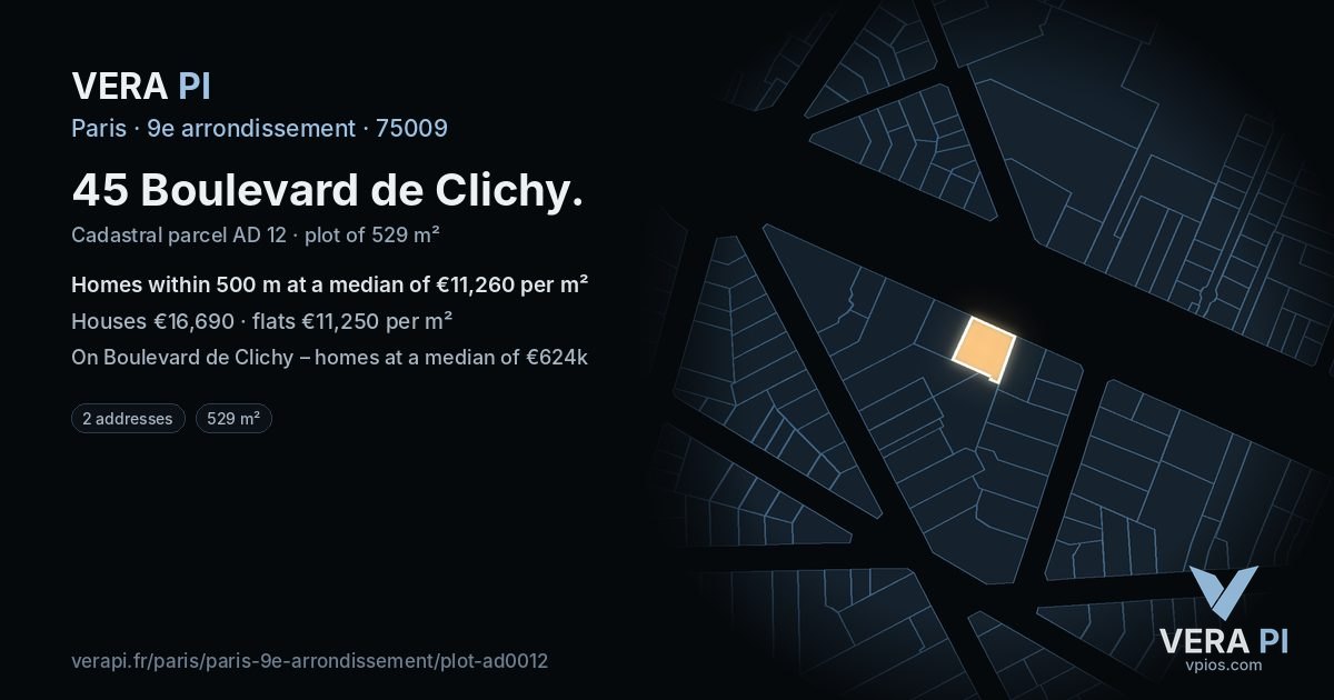 45 Boulevard de Clichy, 9e arrondissement at night – the plot lit, the parcels around coloured by the prices near them