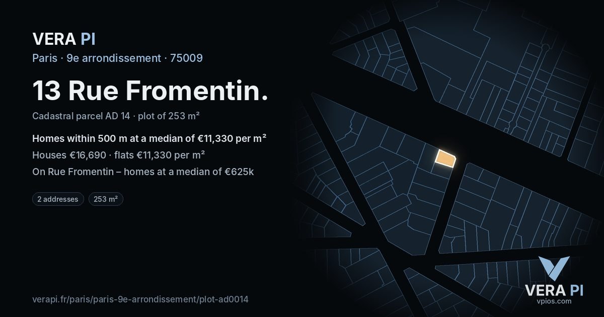 13 Rue Fromentin, 9e arrondissement at night – the plot lit, the parcels around coloured by the prices near them