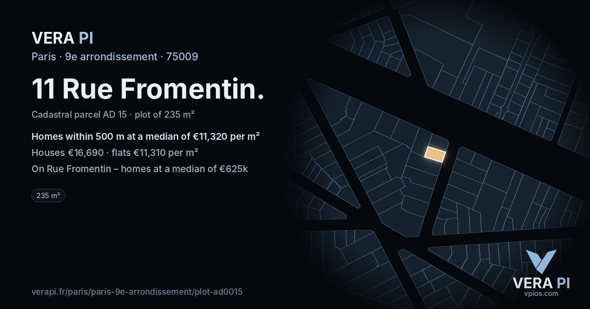 11 Rue Fromentin, 9e arrondissement at night – the plot lit, the parcels around coloured by the prices near them