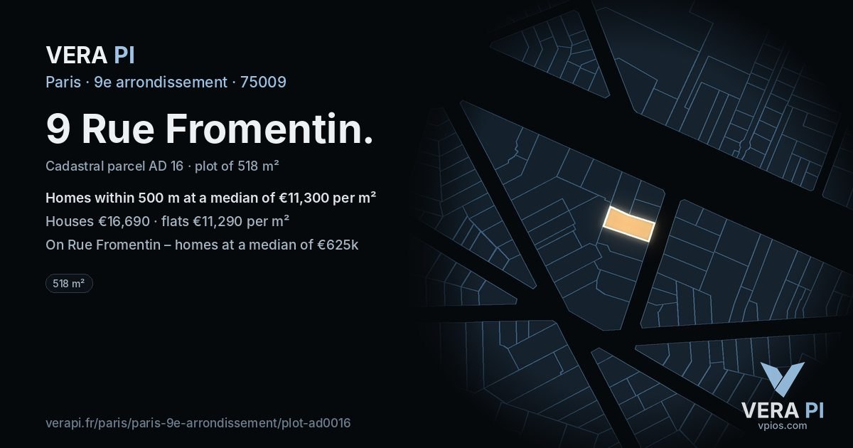 9 Rue Fromentin, 9e arrondissement at night – the plot lit, the parcels around coloured by the prices near them
