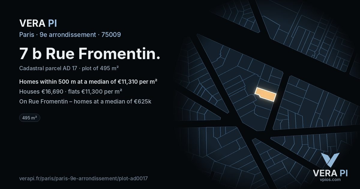 7 b Rue Fromentin, 9e arrondissement at night – the plot lit, the parcels around coloured by the prices near them