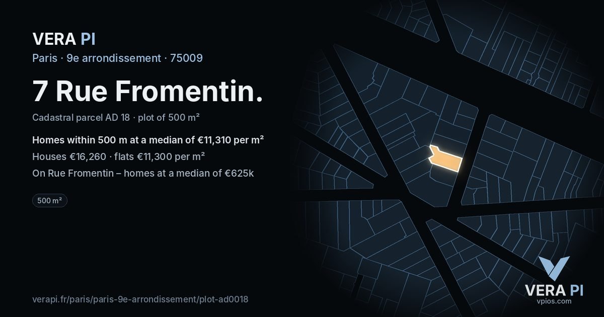 7 Rue Fromentin, 9e arrondissement at night – the plot lit, the parcels around coloured by the prices near them
