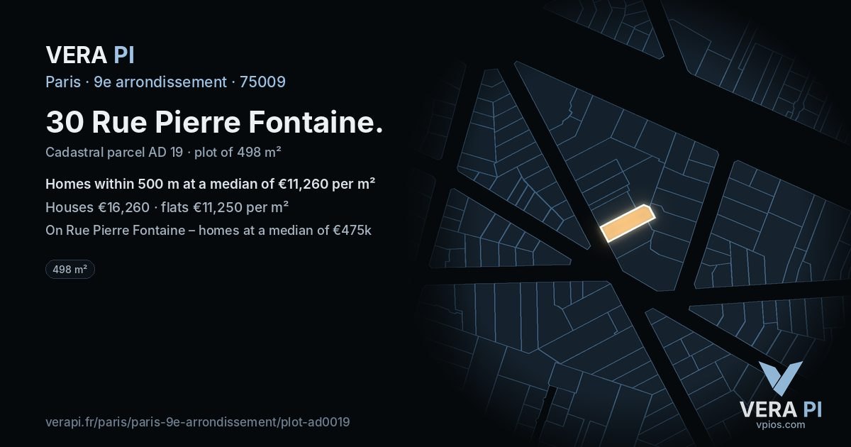 30 Rue Pierre Fontaine, 9e arrondissement at night – the plot lit, the parcels around coloured by the prices near them