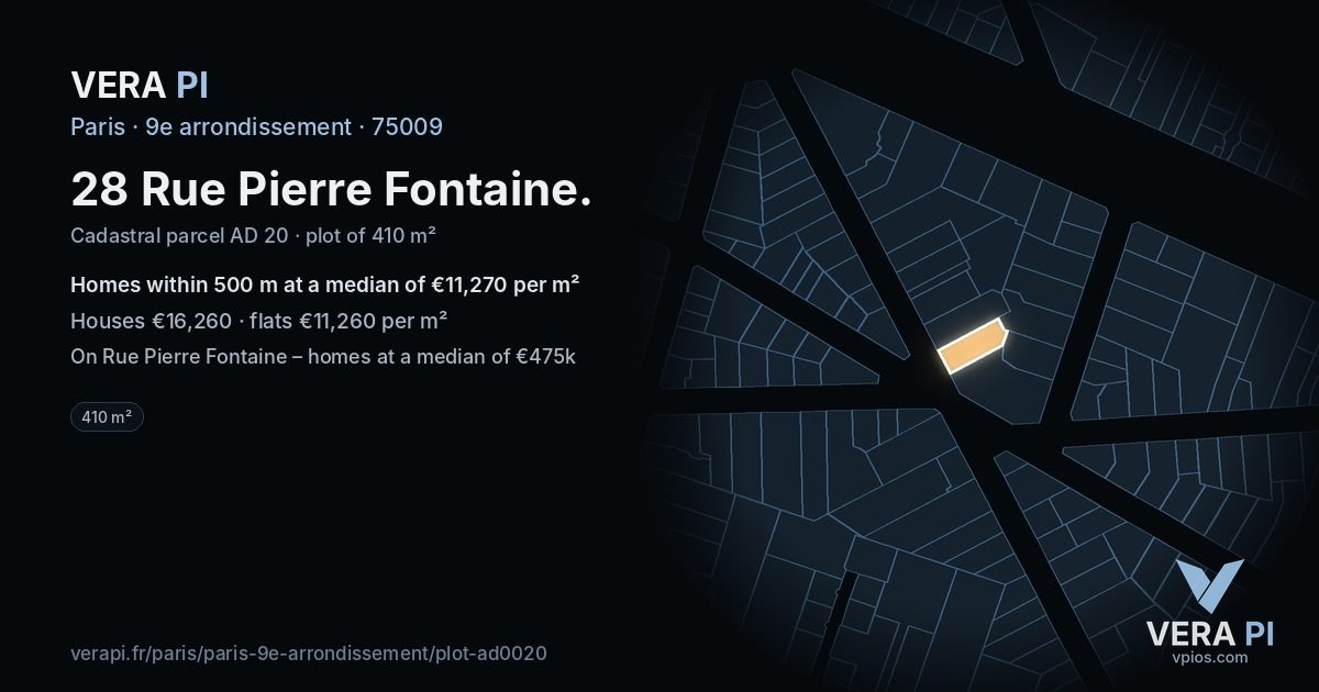 28 Rue Pierre Fontaine, 9e arrondissement at night – the plot lit, the parcels around coloured by the prices near them