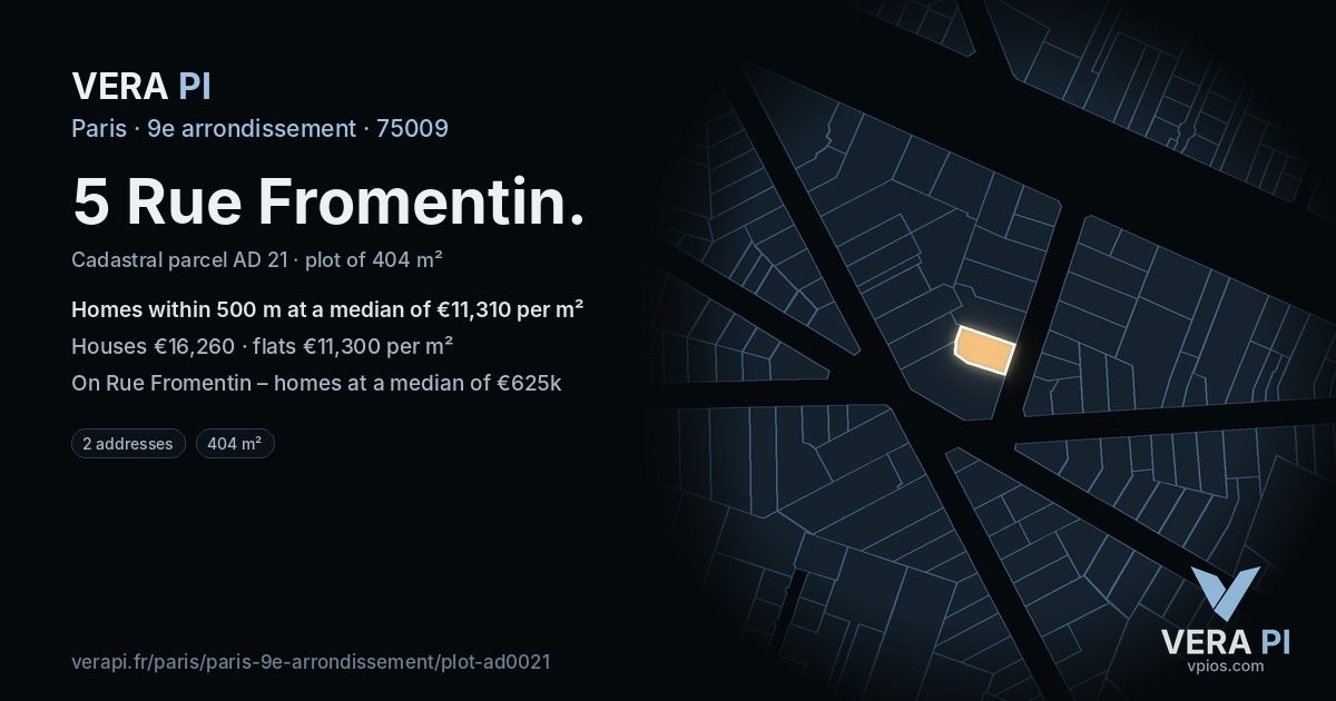 5 Rue Fromentin, 9e arrondissement at night – the plot lit, the parcels around coloured by the prices near them