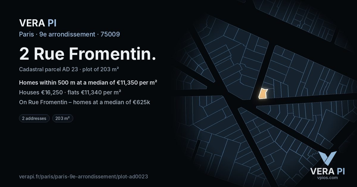 2 Rue Fromentin, 9e arrondissement at night – the plot lit, the parcels around coloured by the prices near them