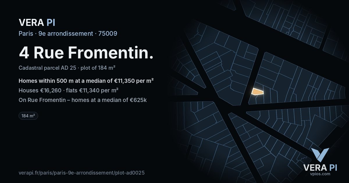 4 Rue Fromentin, 9e arrondissement at night – the plot lit, the parcels around coloured by the prices near them