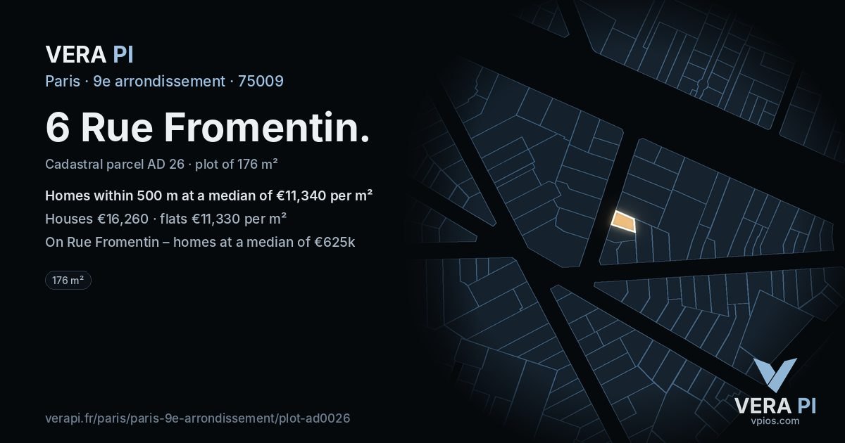 6 Rue Fromentin, 9e arrondissement at night – the plot lit, the parcels around coloured by the prices near them