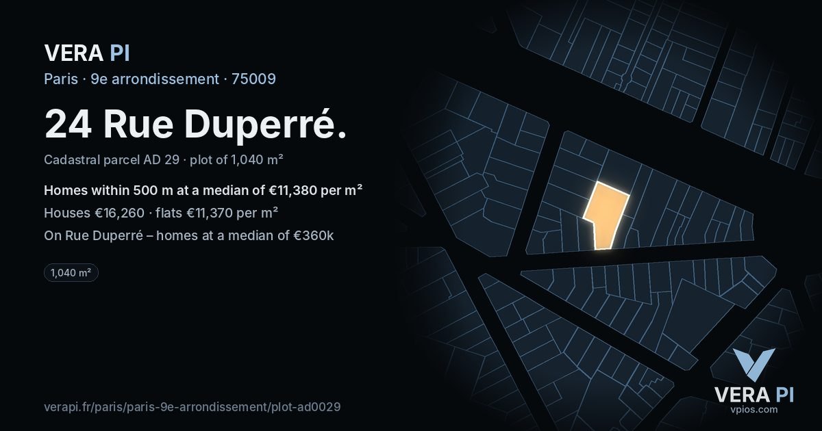 24 Rue Duperré, 9e arrondissement at night – the plot lit, the parcels around coloured by the prices near them