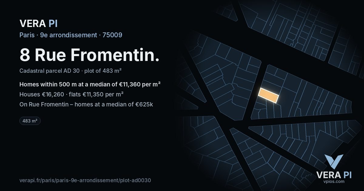 8 Rue Fromentin, 9e arrondissement at night – the plot lit, the parcels around coloured by the prices near them