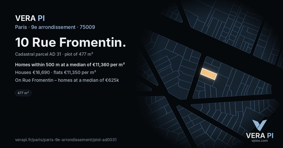 10 Rue Fromentin, 9e arrondissement at night – the plot lit, the parcels around coloured by the prices near them