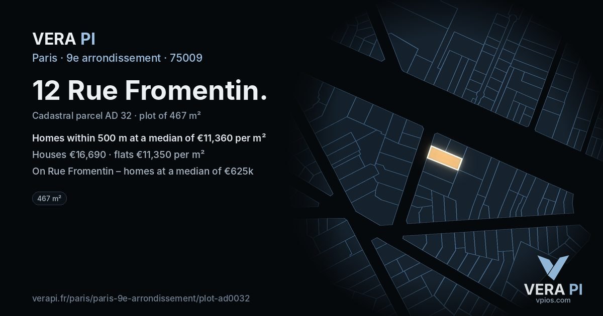 12 Rue Fromentin, 9e arrondissement at night – the plot lit, the parcels around coloured by the prices near them