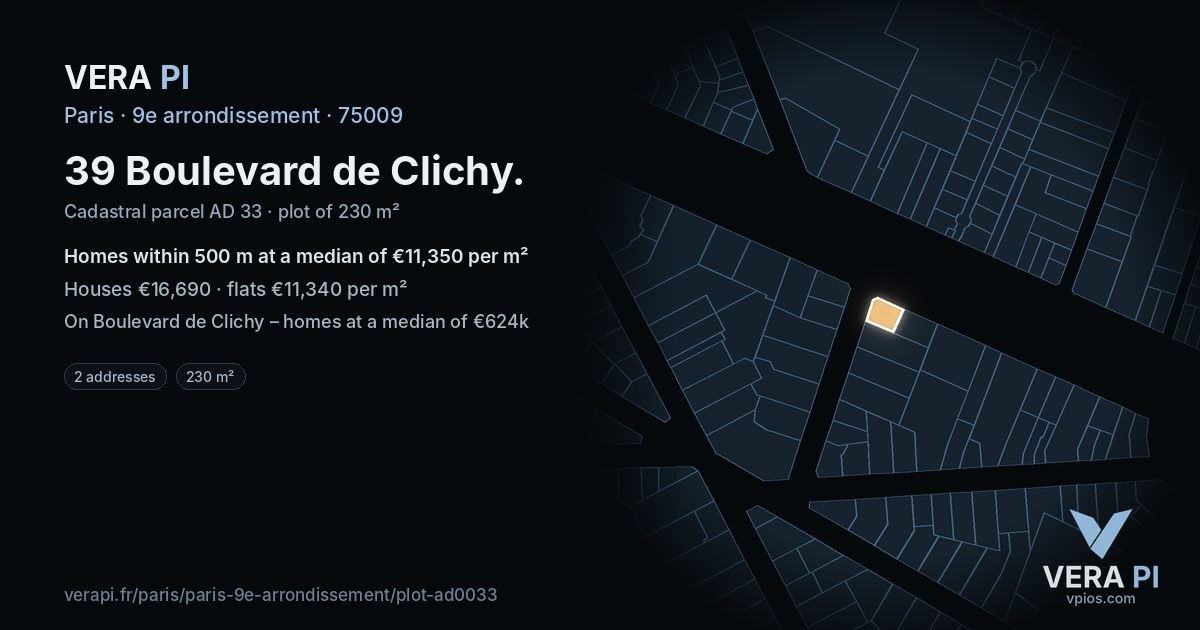 39 Boulevard de Clichy, 9e arrondissement at night – the plot lit, the parcels around coloured by the prices near them