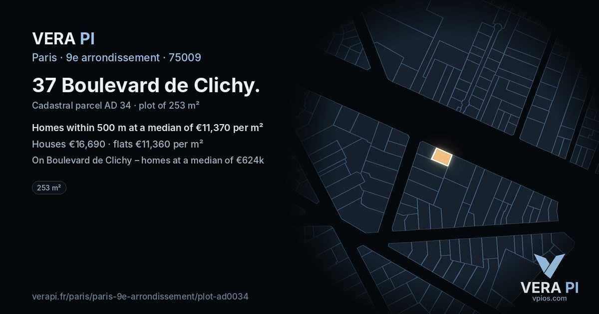 37 Boulevard de Clichy, 9e arrondissement at night – the plot lit, the parcels around coloured by the prices near them